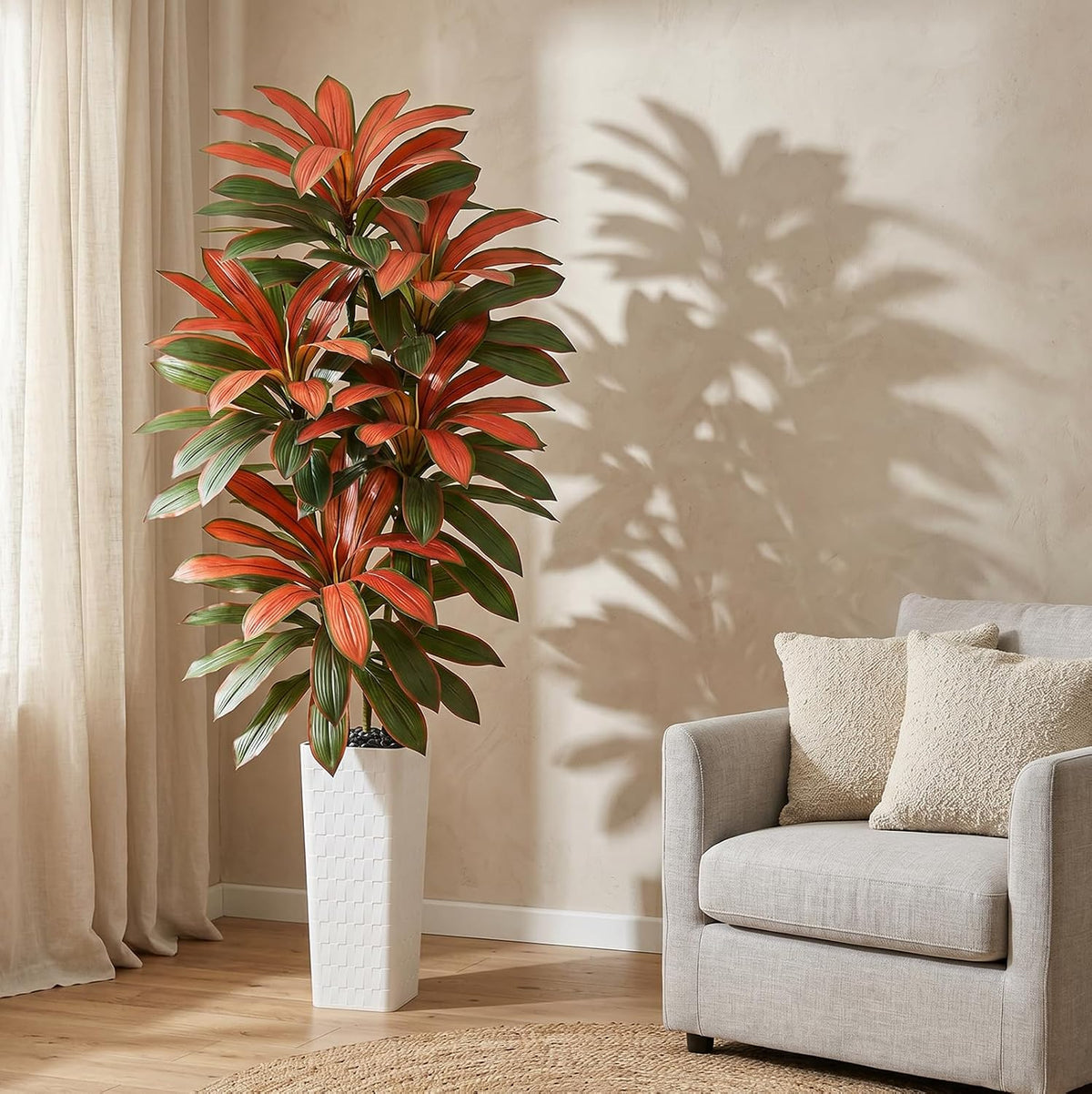 Artificial Dracaena Tree 5FT, Fake Tree with White Tall Planter