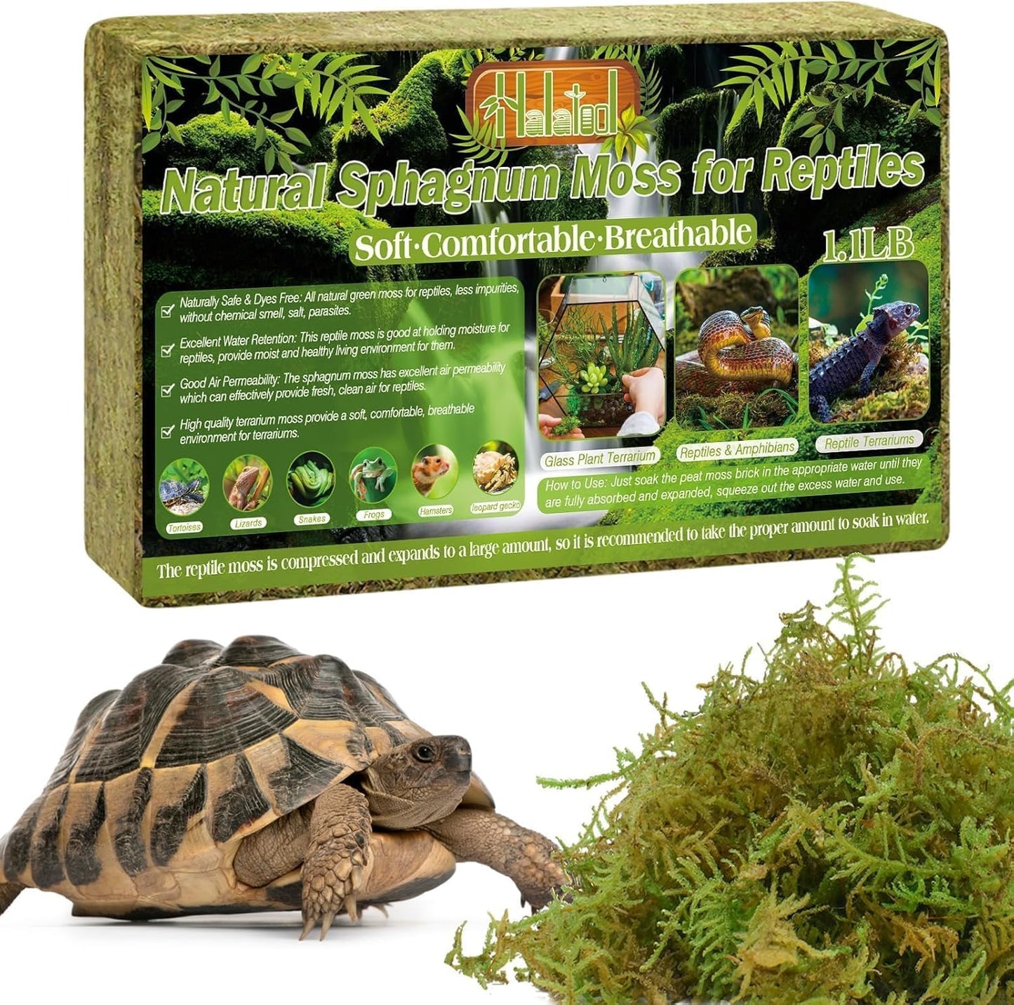 9 OZ Sphagnum Moss for Reptiles - Green Terrarium Moss | Expands to 14 QT, Reptile Bedding for Snakes, Tortoises, Geckos & Lizards, Humidity Retention & Temperature Buffering