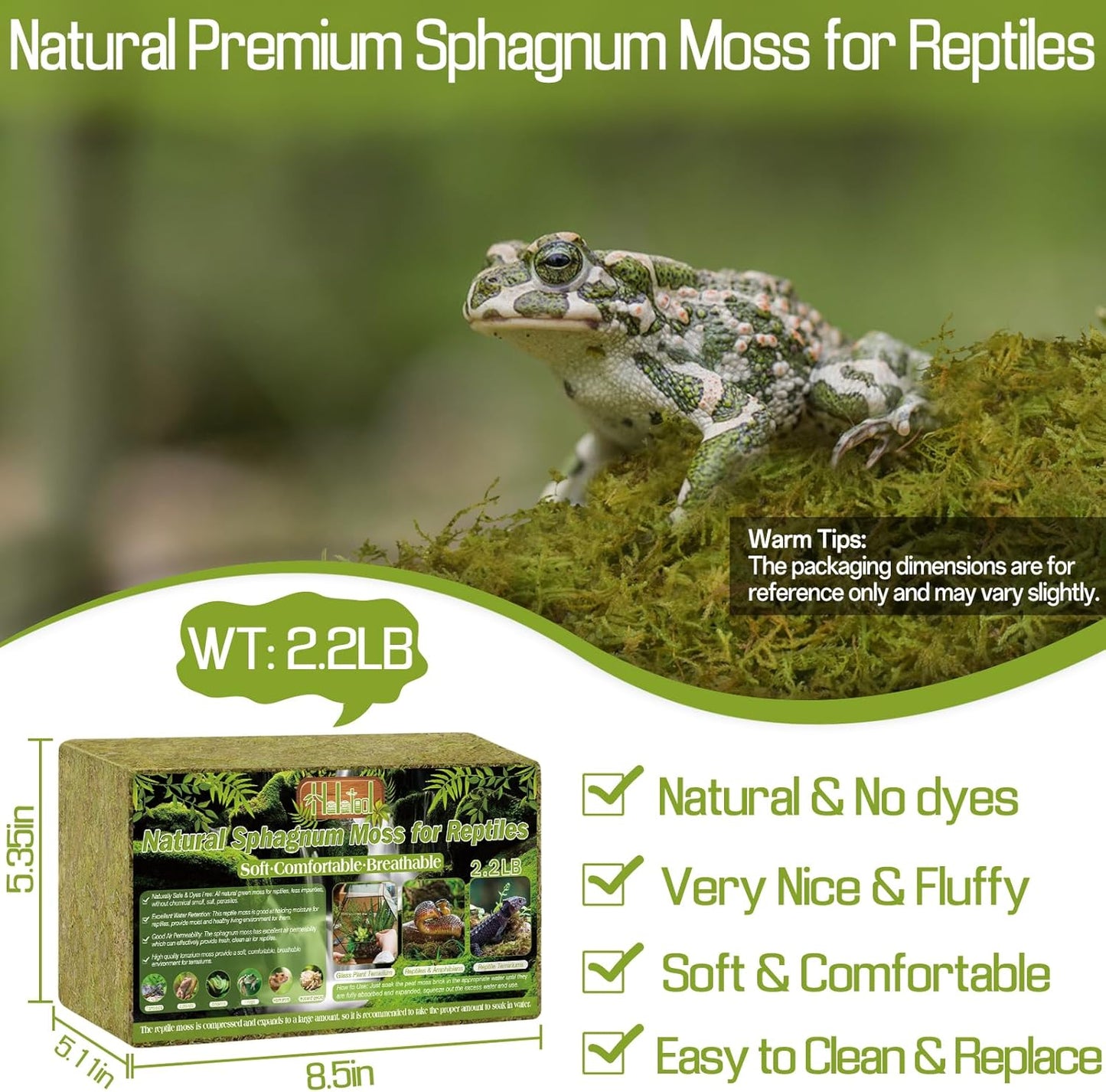9 OZ Sphagnum Moss for Reptiles - Green Terrarium Moss | Expands to 14 QT, Reptile Bedding for Snakes, Tortoises, Geckos & Lizards, Humidity Retention & Temperature Buffering