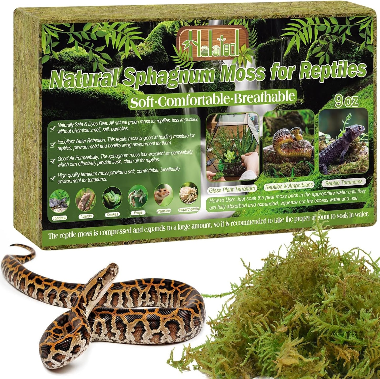 9 OZ Sphagnum Moss for Reptiles - Green Terrarium Moss | Expands to 14 QT, Reptile Bedding for Snakes, Tortoises, Geckos & Lizards, Humidity Retention & Temperature Buffering