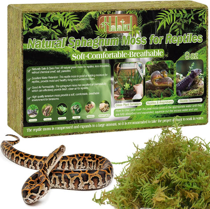 9 OZ Sphagnum Moss for Reptiles - Green Terrarium Moss | Expands to 14 QT, Reptile Bedding for Snakes, Tortoises, Geckos & Lizards, Humidity Retention & Temperature Buffering