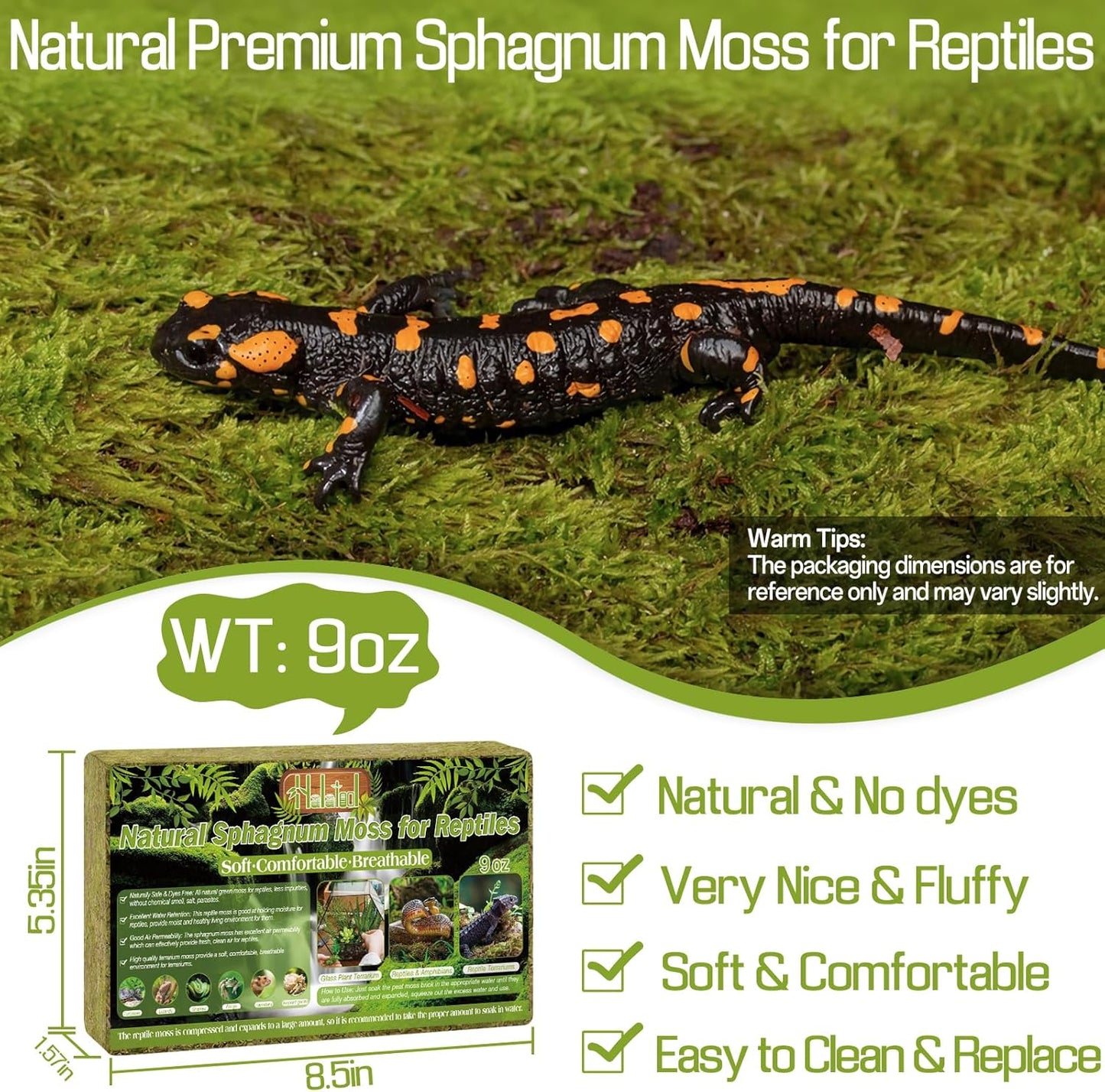 9 OZ Sphagnum Moss for Reptiles - Green Terrarium Moss | Expands to 14 QT, Reptile Bedding for Snakes, Tortoises, Geckos & Lizards, Humidity Retention & Temperature Buffering