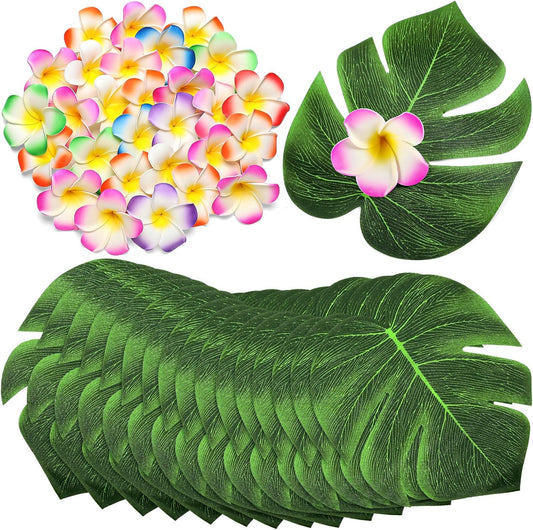 Thiccywoov 60 Pcs Tropical Party Decor Supplies 30 Pcs 8" Fak Monstera Leaves 30 Pcs 2.75" Artificial Plumeria Flower and Glue for Hawaiian Luau Jungle Beach Theme Table Wedding Party(Mixed Color)