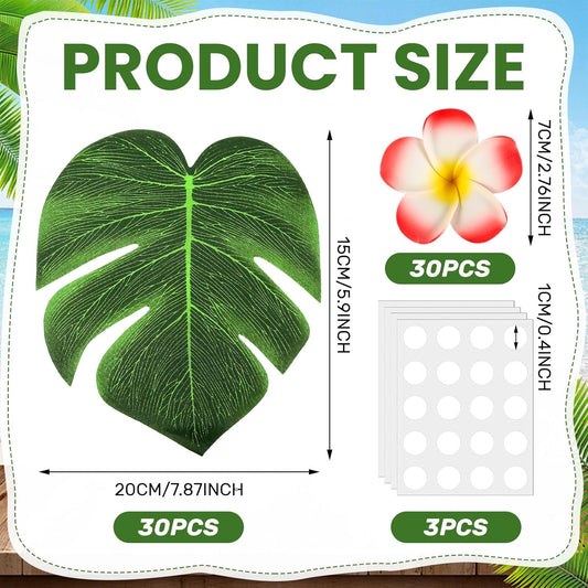 Thiccywoov 60 Pcs Tropical Party Decor Supplies 30 Pcs 8" Fak Monstera Leaves 30 Pcs 2.75" Artificial Plumeria Flower and Glue for Hawaiian Luau Jungle Beach Theme Table Wedding Party(Mixed Color)