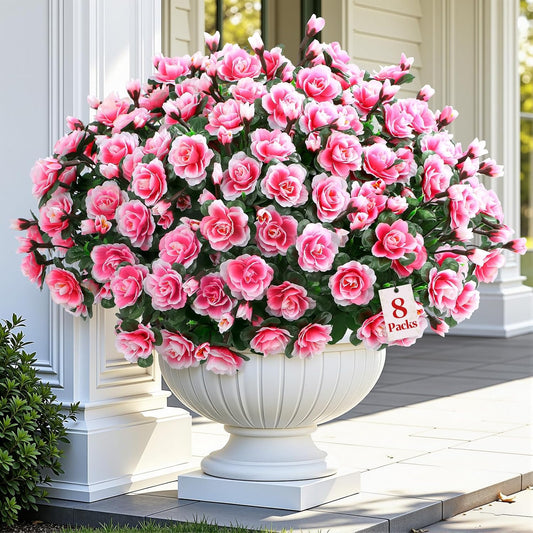8 Large Bundles Artificial Flowers for Outdoors Spring Decoration, UV Resistant Faux Flowers Silk Camellia Realistic Fake Flowers for Yard Patio Planter Porch Balcony Garden, Red