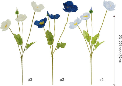 6pcs Artificial Poppy Flowers Silk Fake Poppy Flowers with Stems Faux Poppy Real Touch Flowers for Home Kitchen Table Centerpieces Floral Arrangement Wedding Bouquet Mixed Decoration