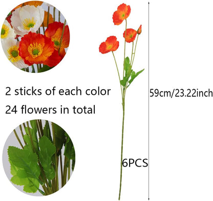 6pcs Artificial Poppy Flowers Silk Fake Poppy Flowers with Stems Faux Poppy Real Touch Flowers for Home Kitchen Table Centerpieces Floral Arrangement Wedding Bouquet Mixed Decoration