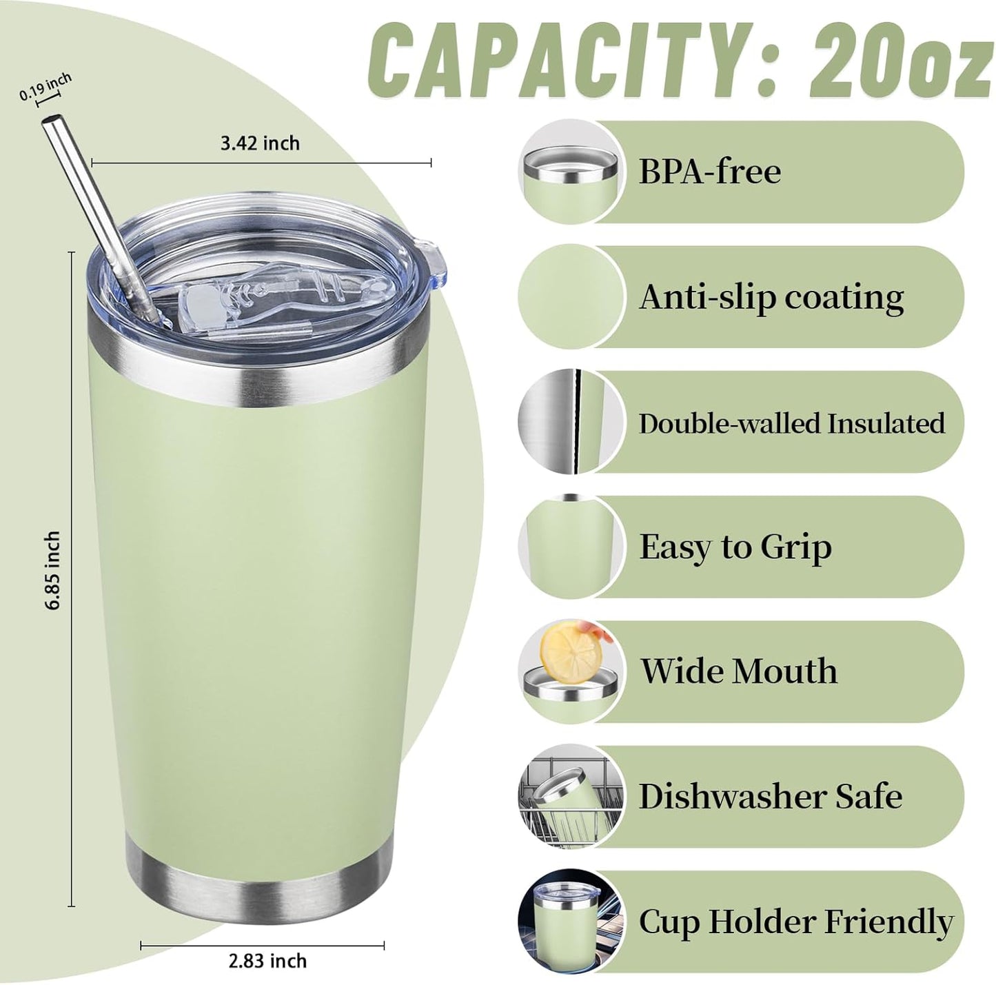 20 oz Tumbler with Lids and Straws, Stainless Steel Insulated Travel Coffee Mug, Double Wall Vacuum Insulated Tumblers, Powder Coated Coffee Tumbler for Cold & Hot Drinks (Yellow, 6 Pack)