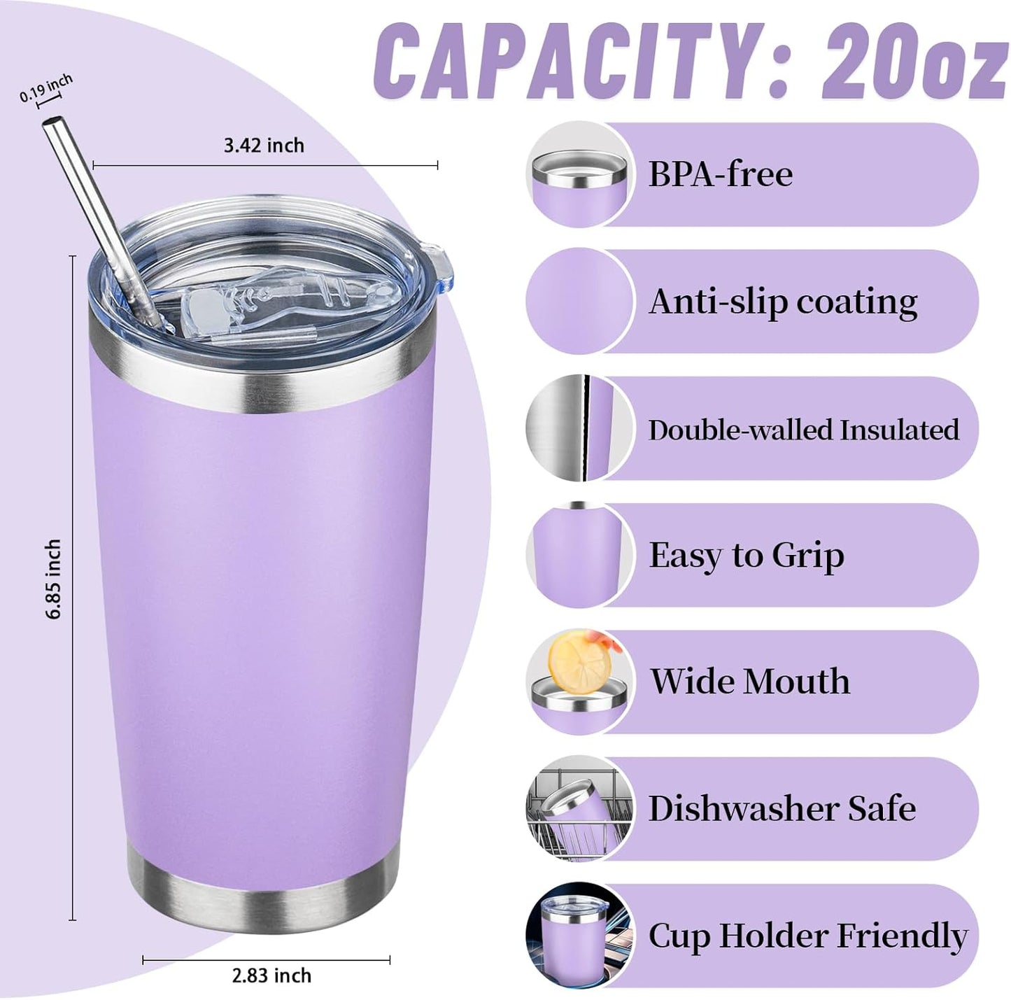 20 oz Tumbler with Lids and Straws, Stainless Steel Insulated Travel Coffee Mug, Double Wall Vacuum Insulated Tumblers, Powder Coated Coffee Tumbler for Cold & Hot Drinks (Yellow, 6 Pack)