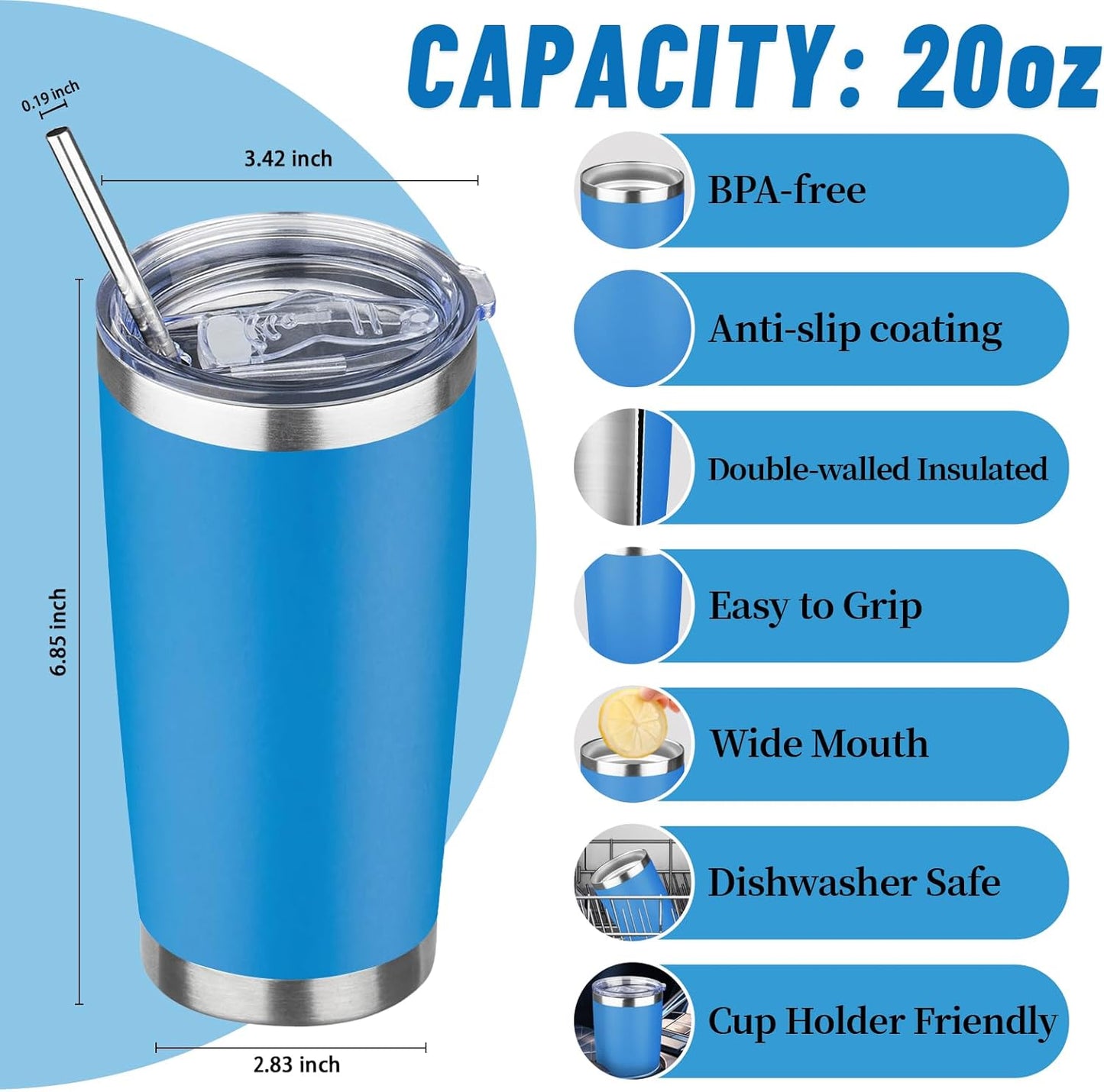 20 oz Tumbler with Lids and Straws, Stainless Steel Insulated Travel Coffee Mug, Double Wall Vacuum Insulated Tumblers, Powder Coated Coffee Tumbler for Cold & Hot Drinks (Yellow, 6 Pack)