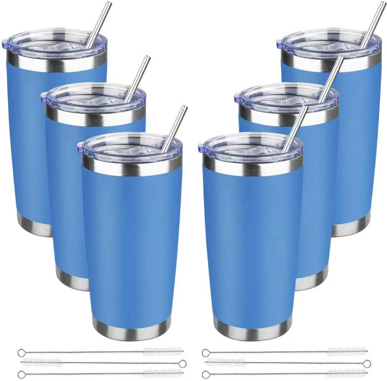 20 oz Tumbler with Lids and Straws, Stainless Steel Insulated Travel Coffee Mug, Double Wall Vacuum Insulated Tumblers, Powder Coated Coffee Tumbler for Cold & Hot Drinks (Yellow, 6 Pack)