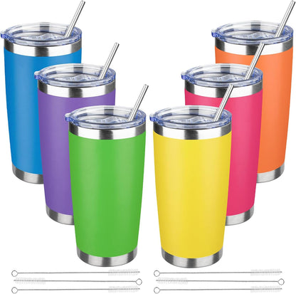 20 oz Tumbler with Lids and Straws, Stainless Steel Insulated Travel Coffee Mug, Double Wall Vacuum Insulated Tumblers, Powder Coated Coffee Tumbler for Cold & Hot Drinks (Yellow, 6 Pack)