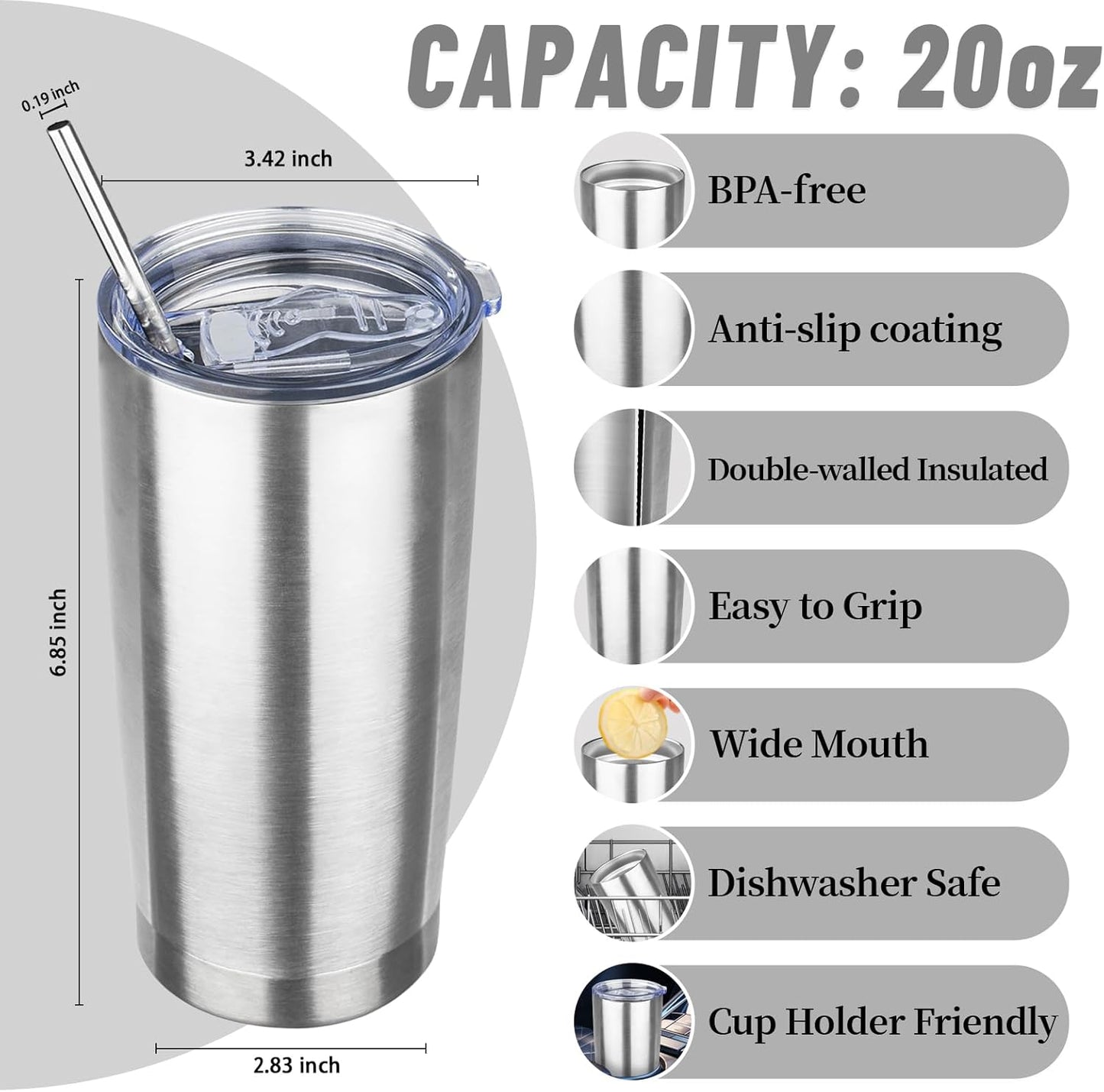 20 oz Tumbler with Lids and Straws, Stainless Steel Insulated Travel Coffee Mug, Double Wall Vacuum Insulated Tumblers, Powder Coated Coffee Tumbler for Cold & Hot Drinks (Yellow, 6 Pack)