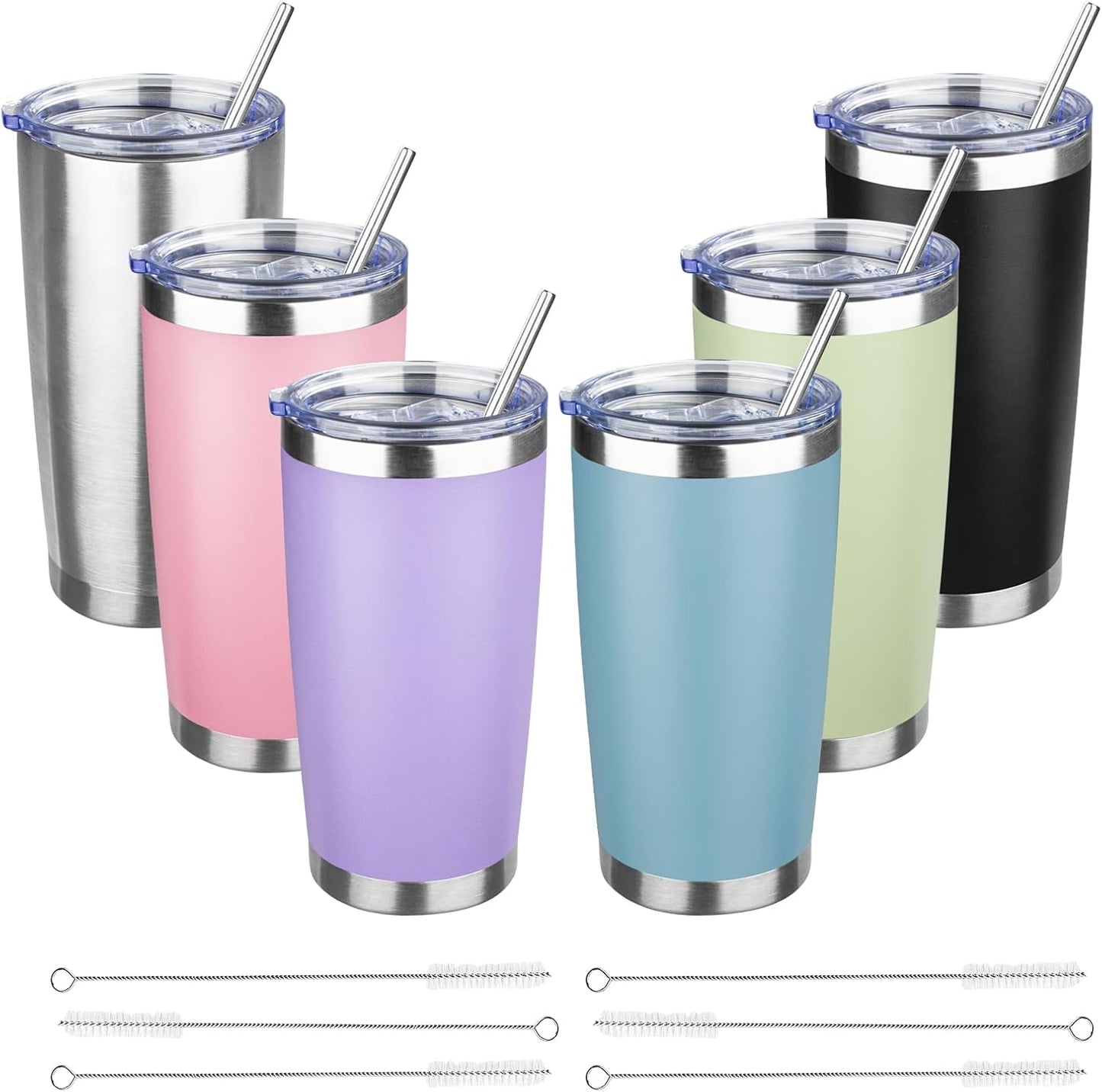 20 oz Tumbler with Lids and Straws, Stainless Steel Insulated Travel Coffee Mug, Double Wall Vacuum Insulated Tumblers, Powder Coated Coffee Tumbler for Cold & Hot Drinks (Yellow, 6 Pack)