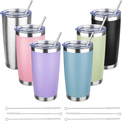 20 oz Tumbler with Lids and Straws, Stainless Steel Insulated Travel Coffee Mug, Double Wall Vacuum Insulated Tumblers, Powder Coated Coffee Tumbler for Cold & Hot Drinks (Yellow, 6 Pack)