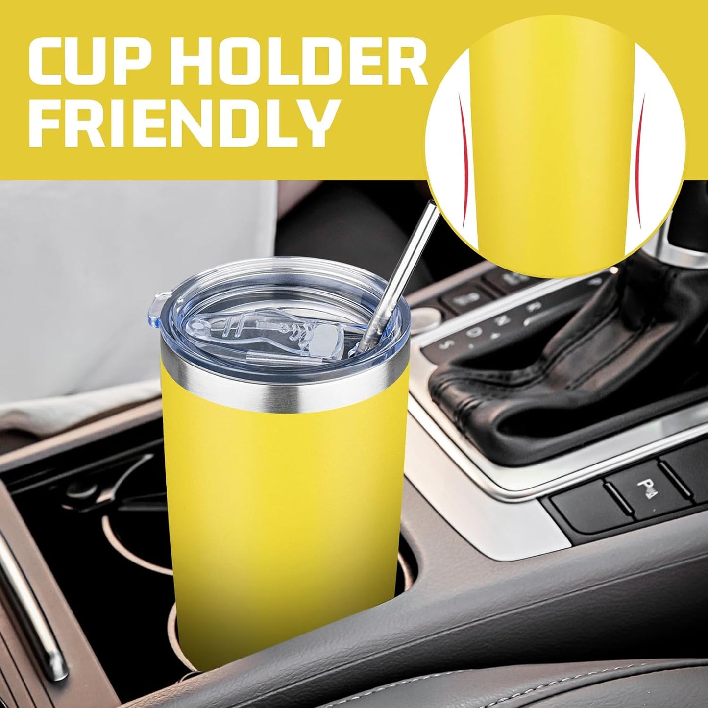 20 oz Tumbler with Lids and Straws, Stainless Steel Insulated Travel Coffee Mug, Double Wall Vacuum Insulated Tumblers, Powder Coated Coffee Tumbler for Cold & Hot Drinks (Yellow, 6 Pack)