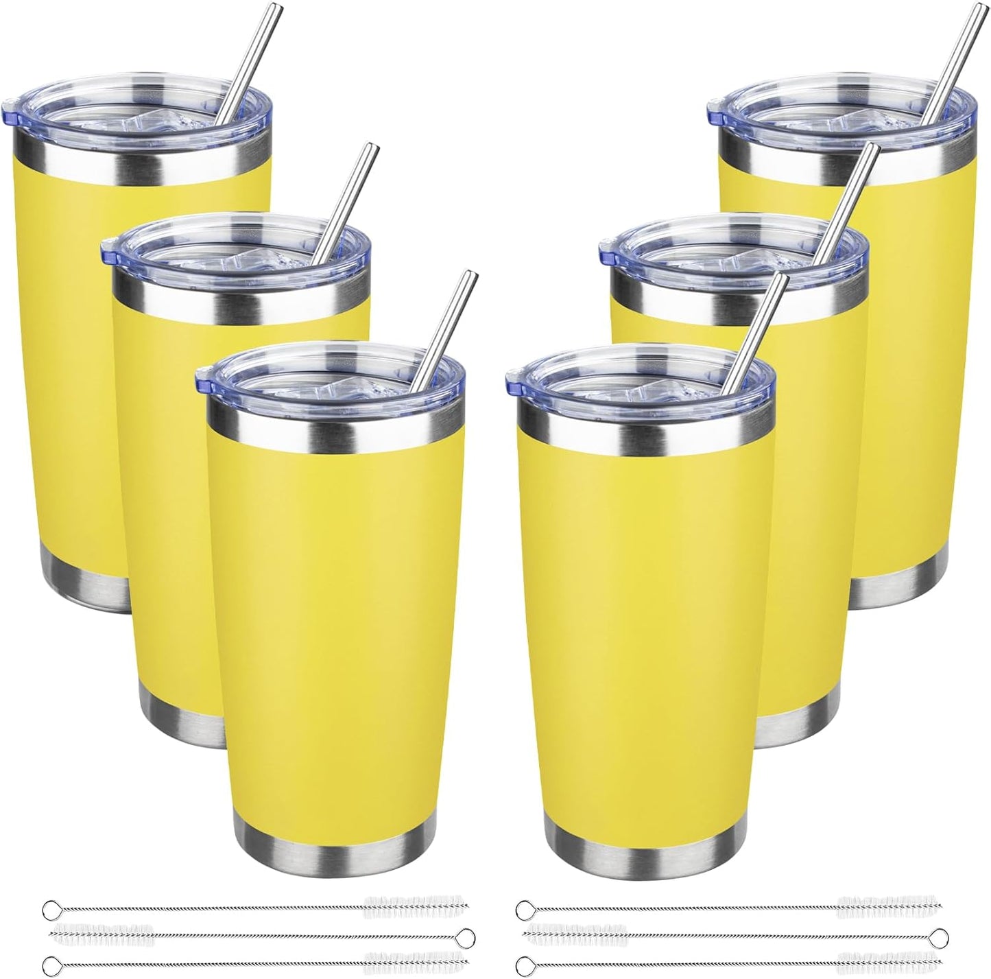 20 oz Tumbler with Lids and Straws, Stainless Steel Insulated Travel Coffee Mug, Double Wall Vacuum Insulated Tumblers, Powder Coated Coffee Tumbler for Cold & Hot Drinks (Yellow, 6 Pack)