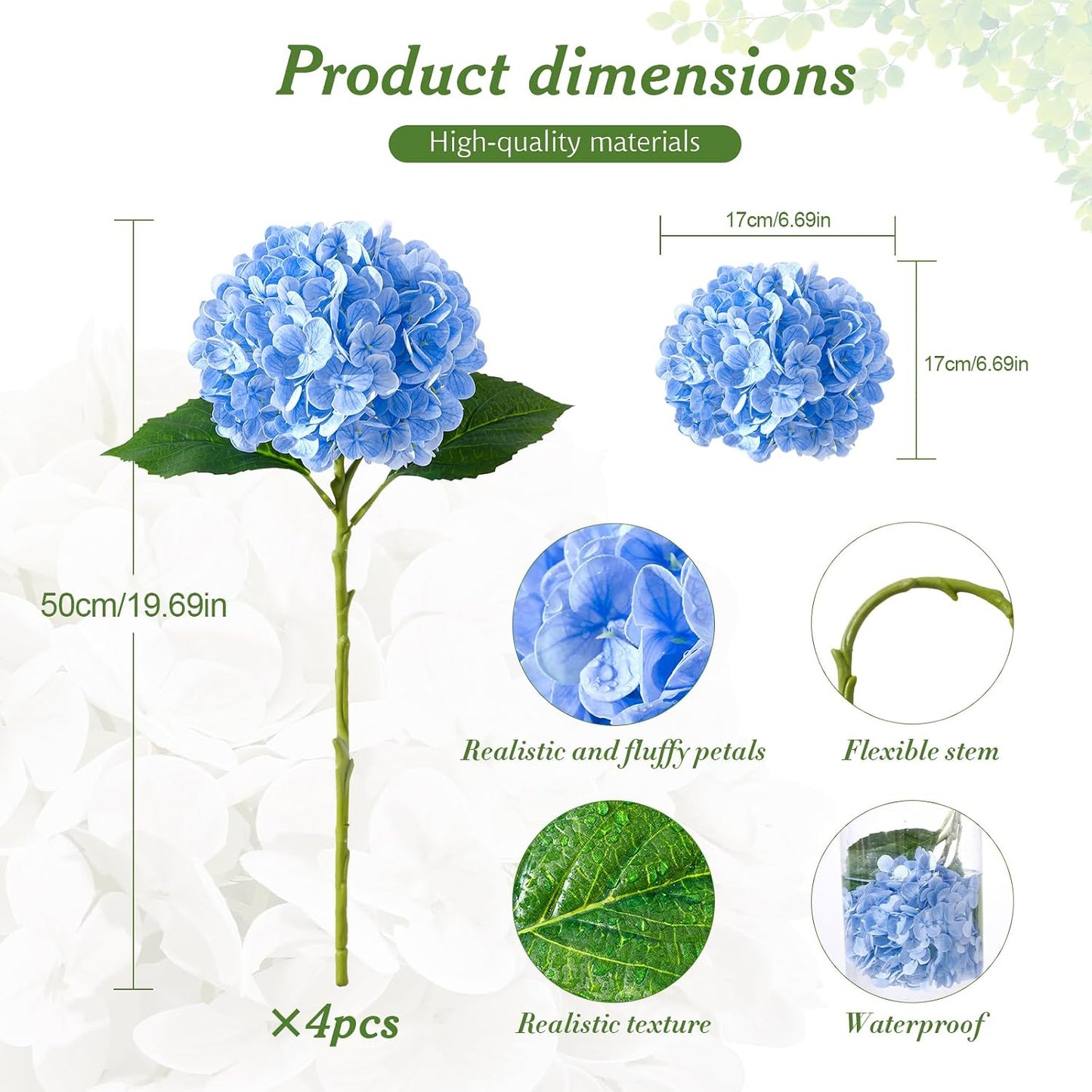 4 Pcs Artificial Hydrangea Silk Flowers with Stems, 19.7" Blue Faux Hydrangeas Bouquet, 240 Petals, Suitable for Shady Places & Waterproof Fake Flower for Indoor Wedding Home Decor