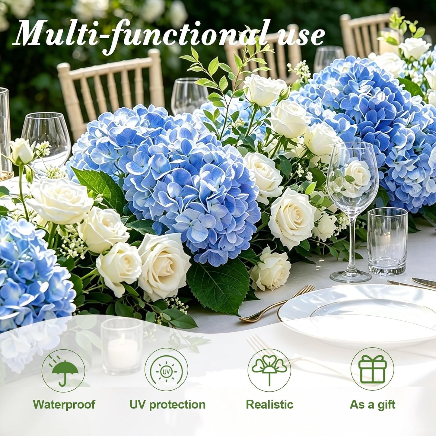 4 Pcs Artificial Hydrangea Silk Flowers with Stems, 19.7" Blue Faux Hydrangeas Bouquet, 240 Petals, Suitable for Shady Places & Waterproof Fake Flower for Indoor Wedding Home Decor