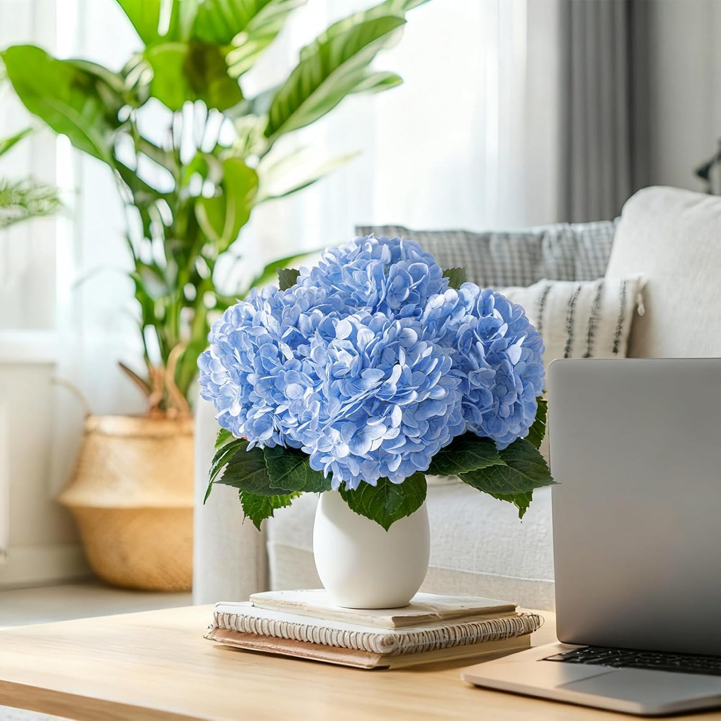 4 Pcs Artificial Hydrangea Silk Flowers with Stems, 19.7" Blue Faux Hydrangeas Bouquet, 240 Petals, Suitable for Shady Places & Waterproof Fake Flower for Indoor Wedding Home Decor