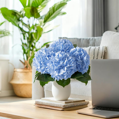 4 Pcs Artificial Hydrangea Silk Flowers with Stems, 19.7" Blue Faux Hydrangeas Bouquet, 240 Petals, Suitable for Shady Places & Waterproof Fake Flower for Indoor Wedding Home Decor