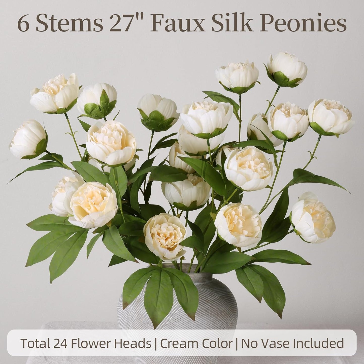 6 Pcs Peony Artificial Flowers for Vase 27" - Fake Stems (Beige) | Bulk, Faux Silk Flowers, DIY Bouquet, Centerpieces, Wedding Shower, Arrangements, Home Decor