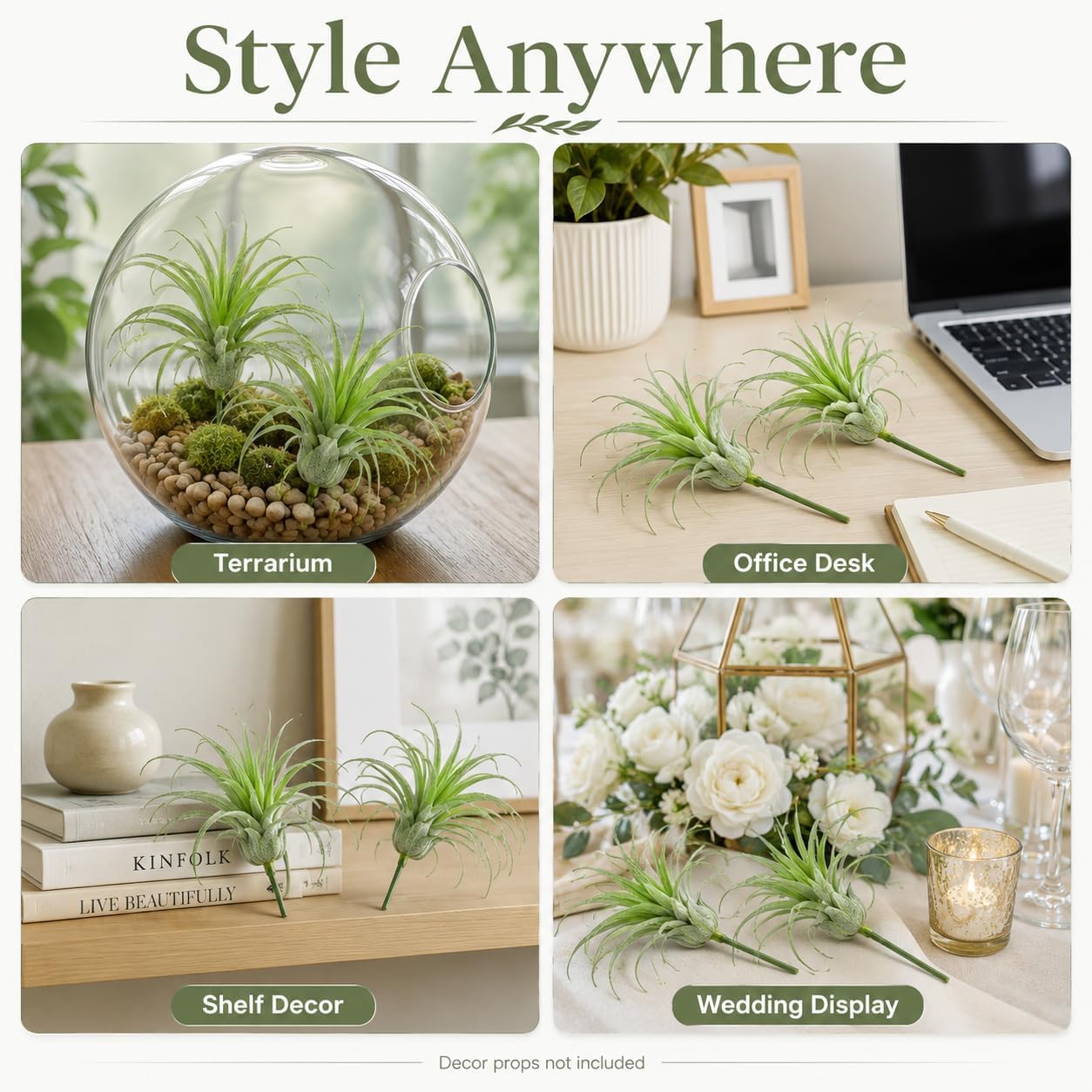 2 Pack Artificial Air Plants, Realistic Looking Faux Tillandsia Succulents Plants for Home Decor, Indoor Outdoor Garden, Terrarium, Office Desk, Wedding Displays (Green)