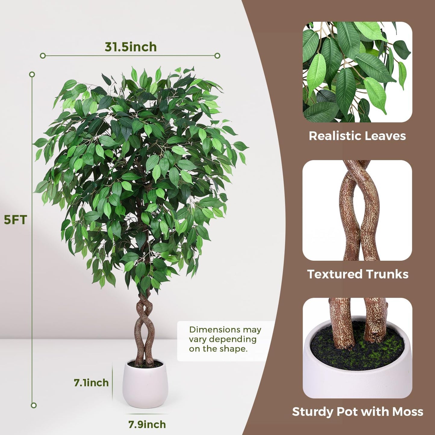 5FT Artificial Ficus Tree, Tall Faux Trees Indoor with White Planter, Dried Moss, Natural Silk Leaves & Trunk, Fake Plants for Home Living Room Office Corner Decor Housewarming Gift