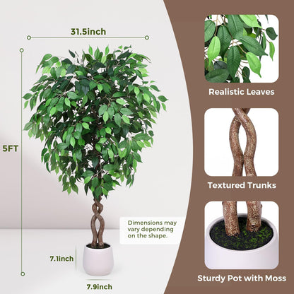 5FT Artificial Ficus Tree, Tall Faux Trees Indoor with White Planter, Dried Moss, Natural Silk Leaves & Trunk, Fake Plants for Home Living Room Office Corner Decor Housewarming Gift