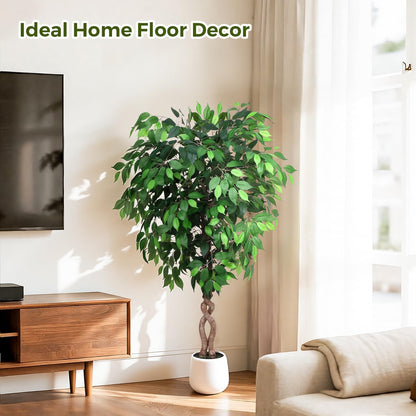 5FT Artificial Ficus Tree, Tall Faux Trees Indoor with White Planter, Dried Moss, Natural Silk Leaves & Trunk, Fake Plants for Home Living Room Office Corner Decor Housewarming Gift