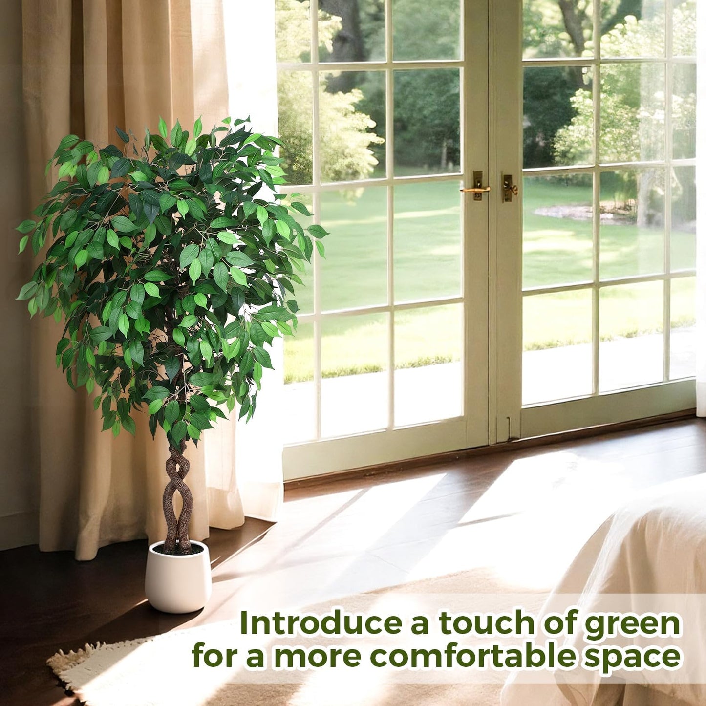 5FT Artificial Ficus Tree, Tall Faux Trees Indoor with White Planter, Dried Moss, Natural Silk Leaves & Trunk, Fake Plants for Home Living Room Office Corner Decor Housewarming Gift