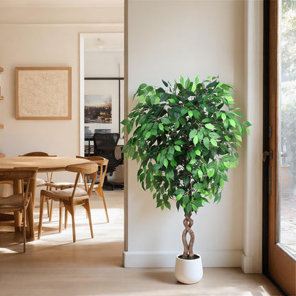 5FT Artificial Ficus Tree, Tall Faux Trees Indoor with White Planter, Dried Moss, Natural Silk Leaves & Trunk, Fake Plants for Home Living Room Office Corner Decor Housewarming Gift