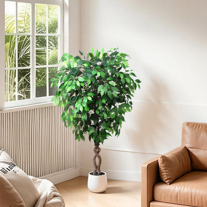 5FT Artificial Ficus Tree, Tall Faux Trees Indoor with White Planter, Dried Moss, Natural Silk Leaves & Trunk, Fake Plants for Home Living Room Office Corner Decor Housewarming Gift