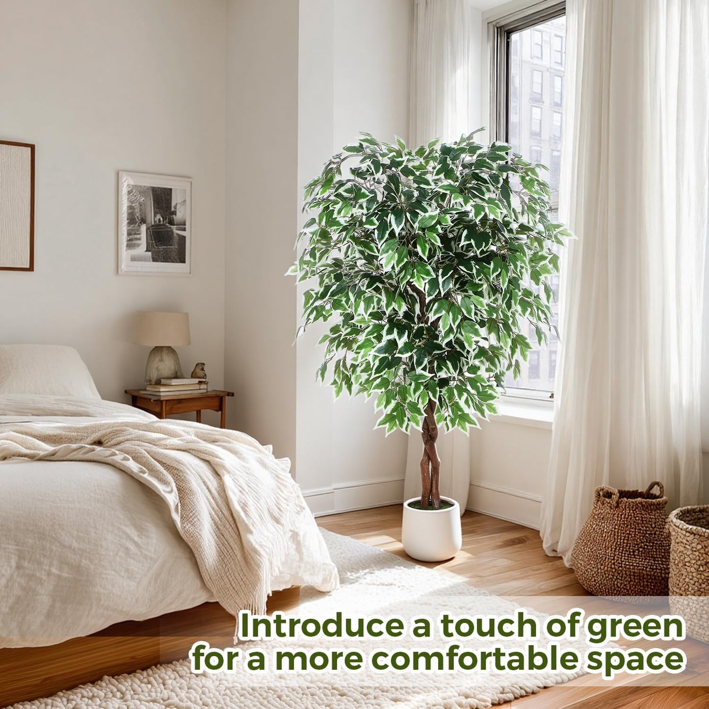 5FT Artificial Ficus Tree, Tall Faux Trees Indoor with White Planter, Dried Moss, Natural Silk Leaves & Trunk, Fake Plants for Home Living Room Office Corner Decor Housewarming Gift