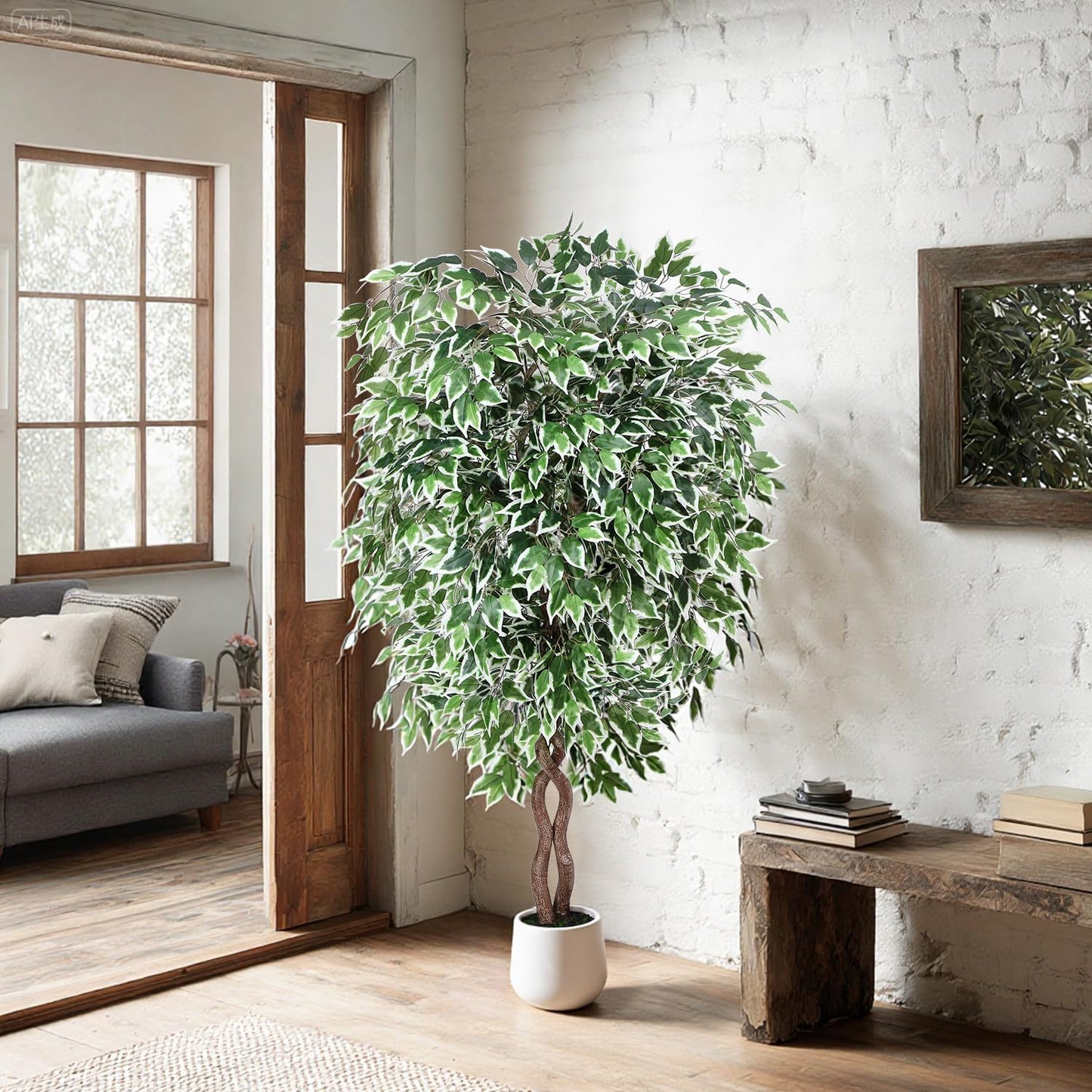 5FT Artificial Ficus Tree, Tall Faux Trees Indoor with White Planter, Dried Moss, Natural Silk Leaves & Trunk, Fake Plants for Home Living Room Office Corner Decor Housewarming Gift