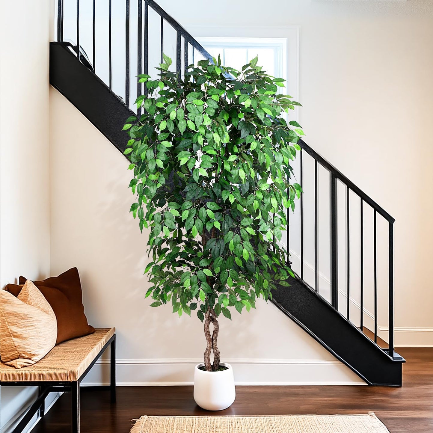 5FT Artificial Ficus Tree, Tall Faux Trees Indoor with White Planter, Dried Moss, Natural Silk Leaves & Trunk, Fake Plants for Home Living Room Office Corner Decor Housewarming Gift