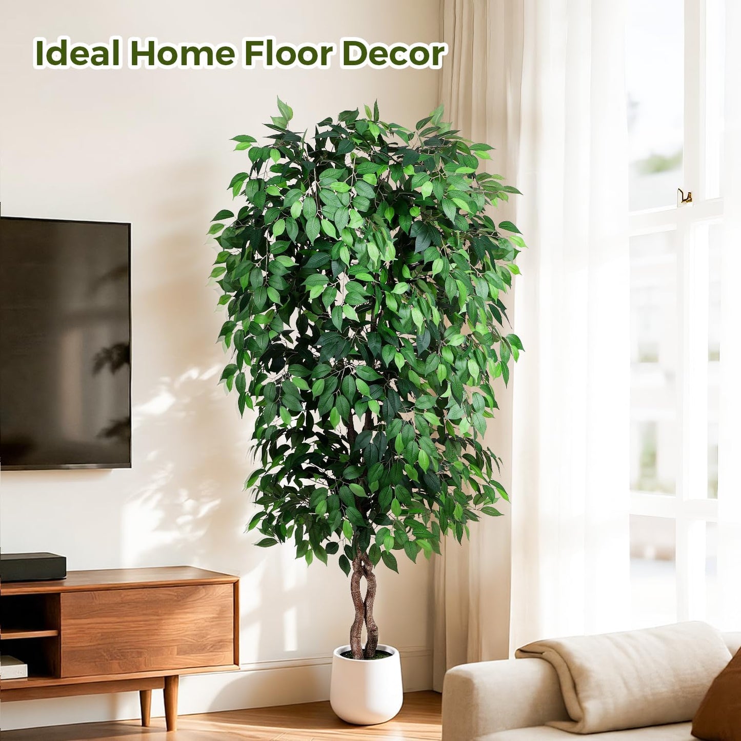 5FT Artificial Ficus Tree, Tall Faux Trees Indoor with White Planter, Dried Moss, Natural Silk Leaves & Trunk, Fake Plants for Home Living Room Office Corner Decor Housewarming Gift