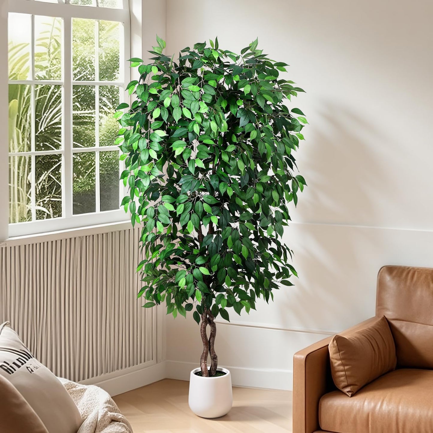 5FT Artificial Ficus Tree, Tall Faux Trees Indoor with White Planter, Dried Moss, Natural Silk Leaves & Trunk, Fake Plants for Home Living Room Office Corner Decor Housewarming Gift