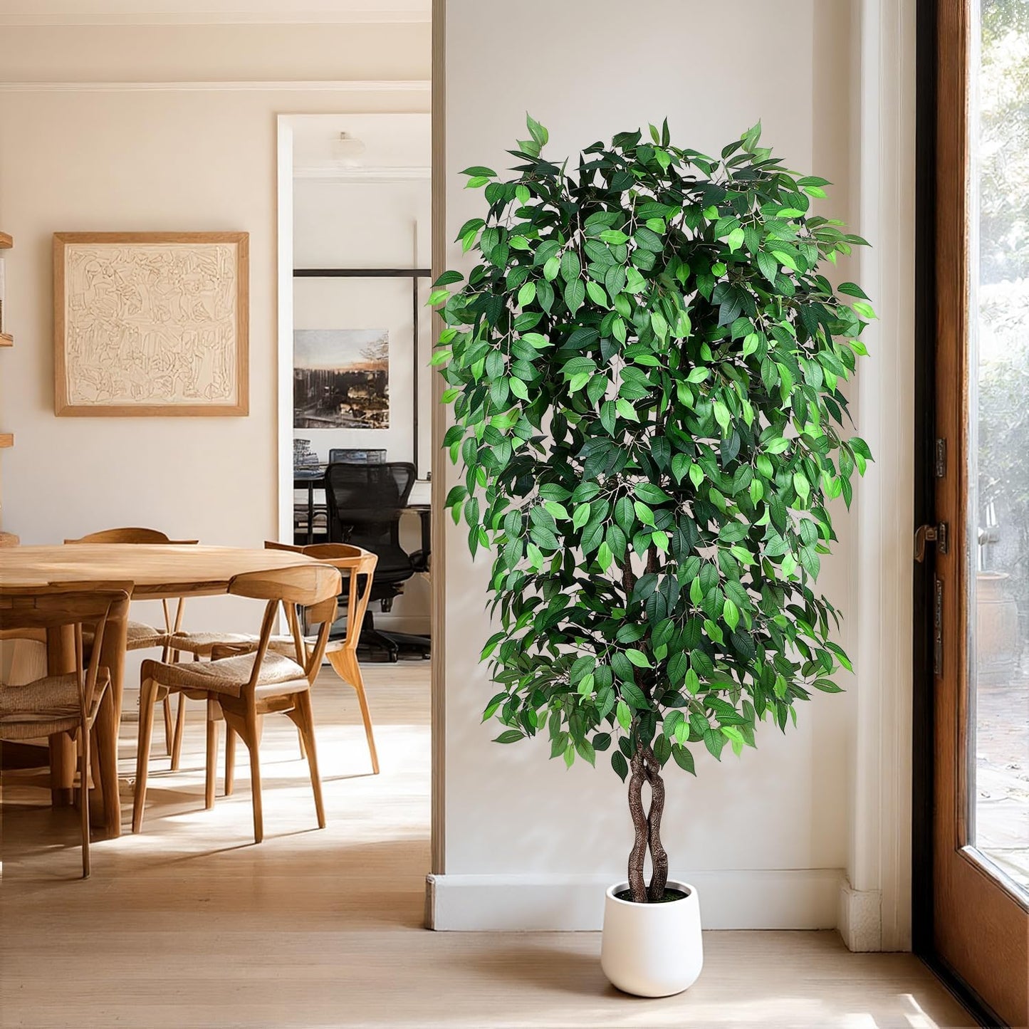 5FT Artificial Ficus Tree, Tall Faux Trees Indoor with White Planter, Dried Moss, Natural Silk Leaves & Trunk, Fake Plants for Home Living Room Office Corner Decor Housewarming Gift