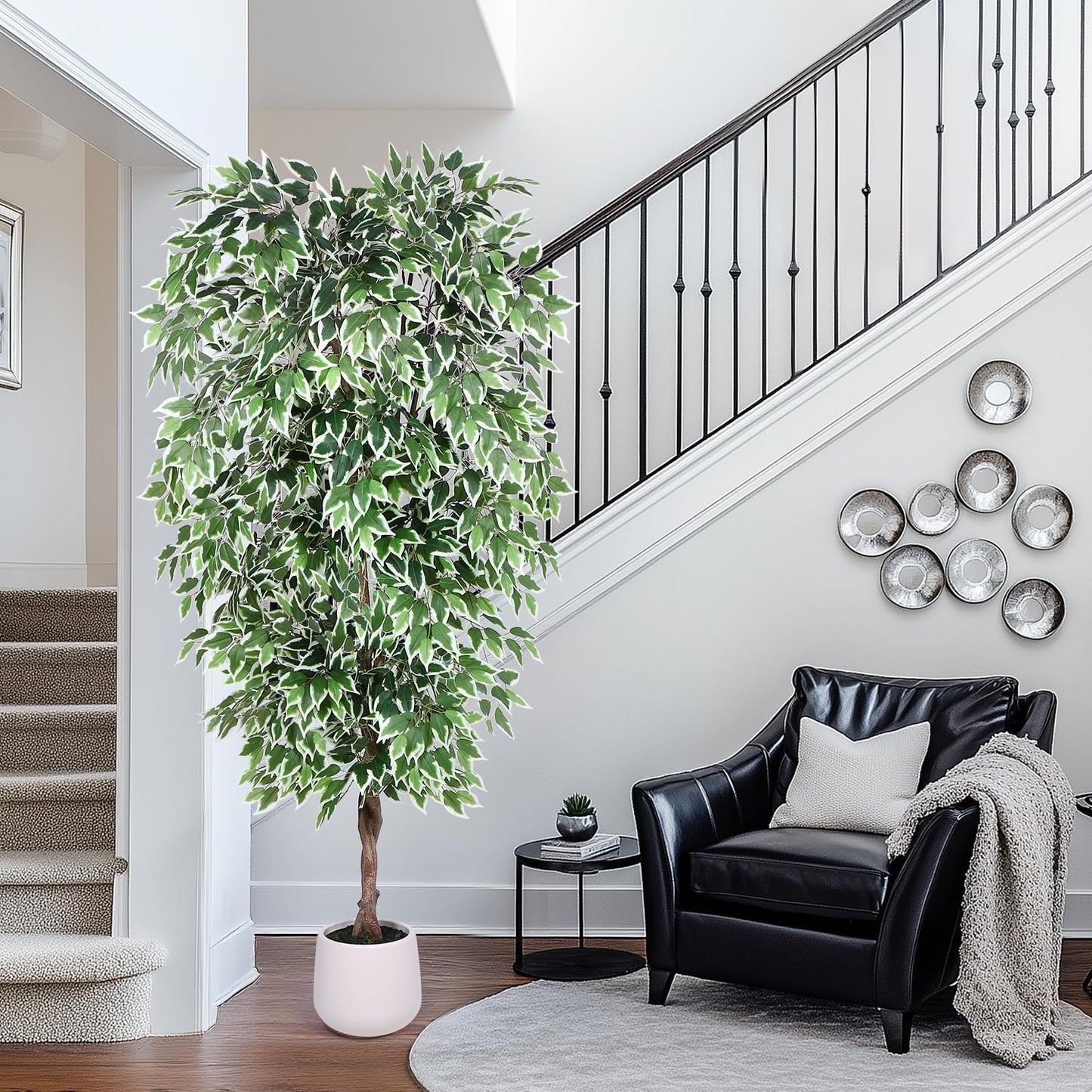 5FT Artificial Ficus Tree, Tall Faux Trees Indoor with White Planter, Dried Moss, Natural Silk Leaves & Trunk, Fake Plants for Home Living Room Office Corner Decor Housewarming Gift