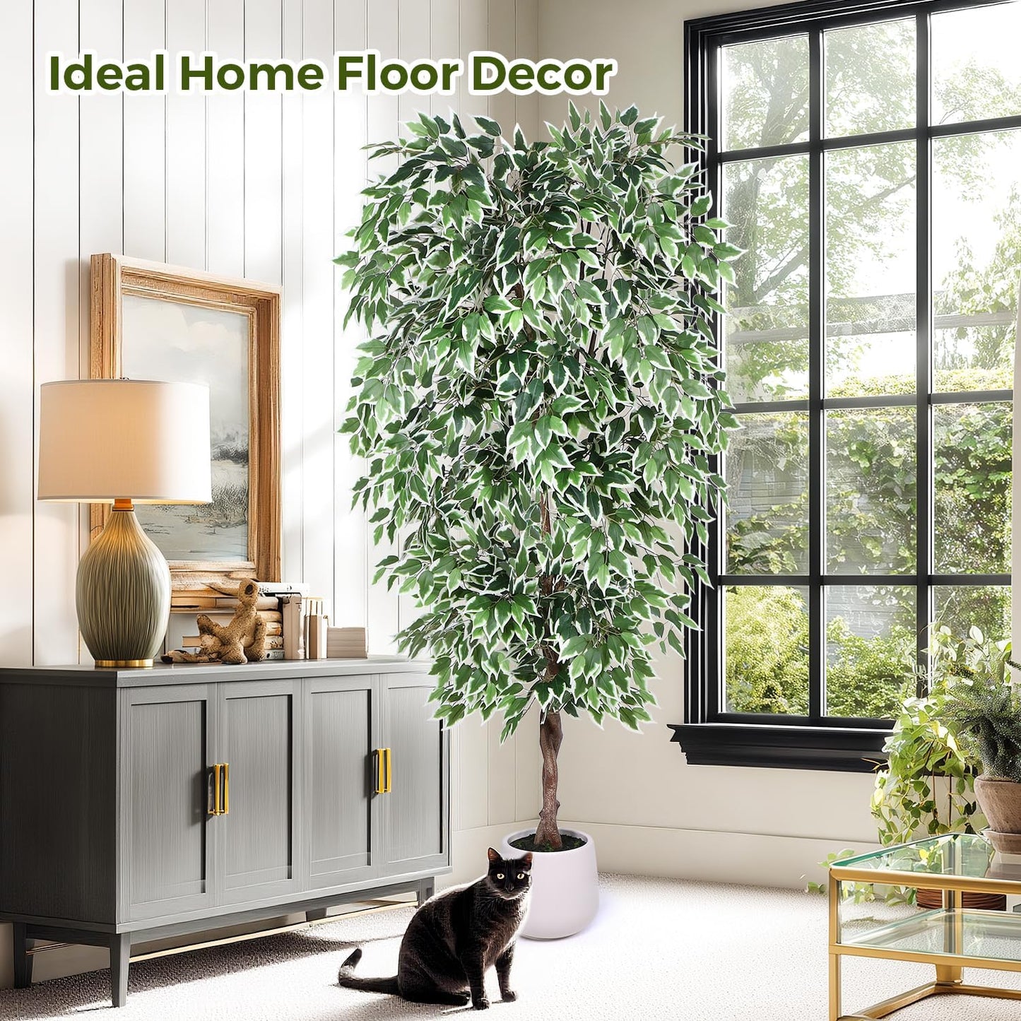 5FT Artificial Ficus Tree, Tall Faux Trees Indoor with White Planter, Dried Moss, Natural Silk Leaves & Trunk, Fake Plants for Home Living Room Office Corner Decor Housewarming Gift