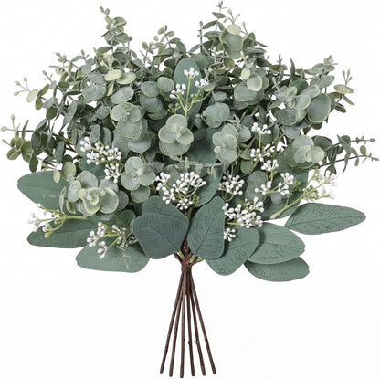 Mixed Eucalyptus Leaves Stems Bulk with White Seeds Artificial Silver Dollar Leaves Sprays Faux Oval for Wreath Garland Floral Bouquets Arrangement Wedding Greenery Decoration(60 Pcs)