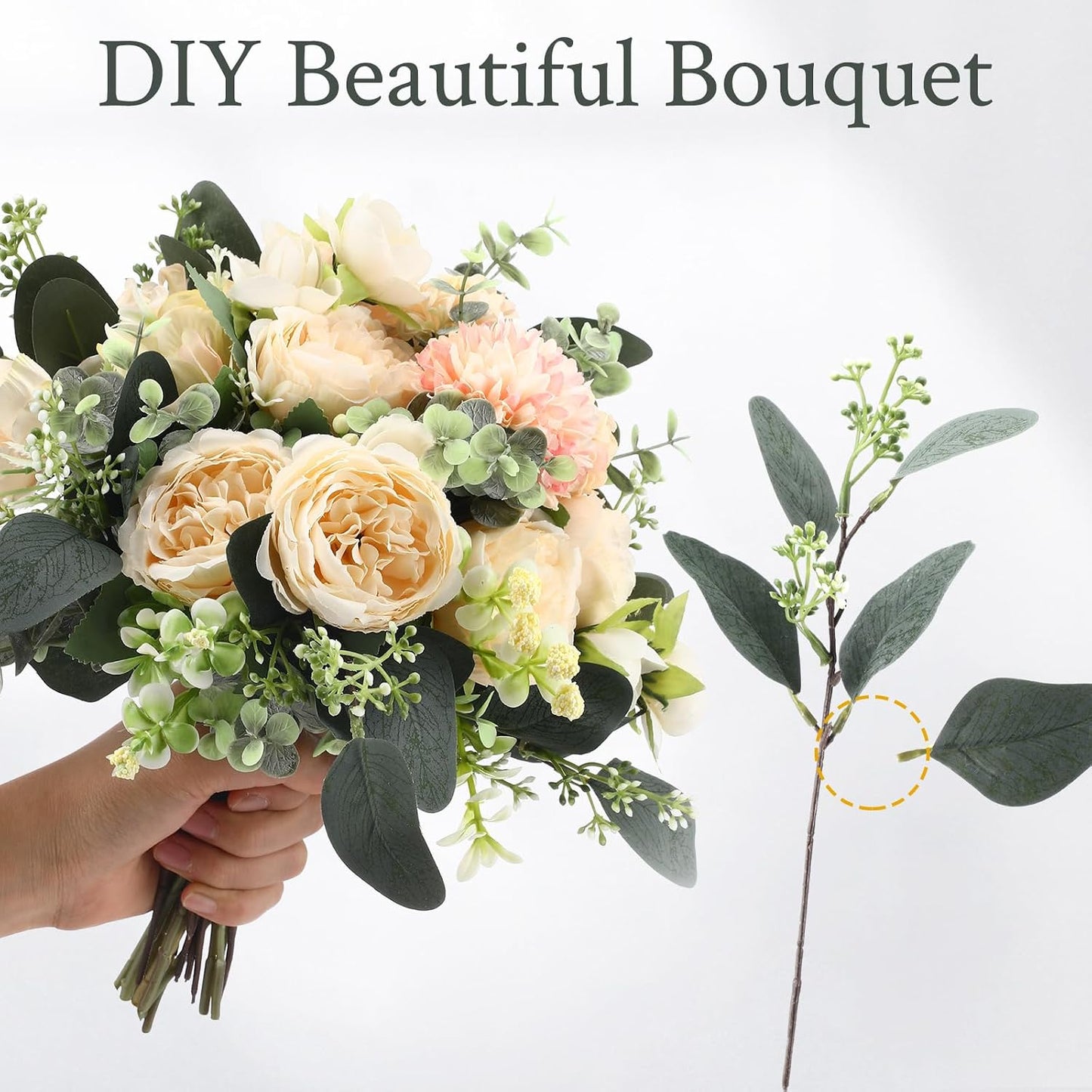 Mixed Eucalyptus Leaves Stems Bulk with White Seeds Artificial Silver Dollar Leaves Sprays Faux Oval for Wreath Garland Floral Bouquets Arrangement Wedding Greenery Decoration(60 Pcs)