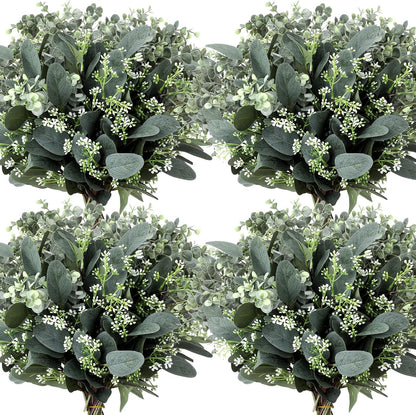 Mixed Eucalyptus Leaves Stems Bulk with White Seeds Artificial Silver Dollar Leaves Sprays Faux Oval for Wreath Garland Floral Bouquets Arrangement Wedding Greenery Decoration(60 Pcs)