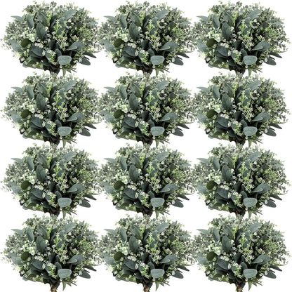 Mixed Eucalyptus Leaves Stems Bulk with White Seeds Artificial Silver Dollar Leaves Sprays Faux Oval for Wreath Garland Floral Bouquets Arrangement Wedding Greenery Decoration(60 Pcs)