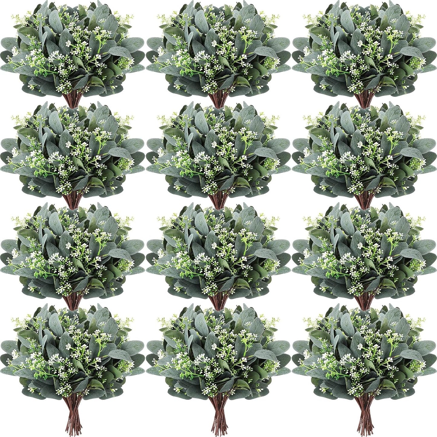 Mixed Eucalyptus Leaves Stems Bulk with White Seeds Artificial Silver Dollar Leaves Sprays Faux Oval for Wreath Garland Floral Bouquets Arrangement Wedding Greenery Decoration(60 Pcs)