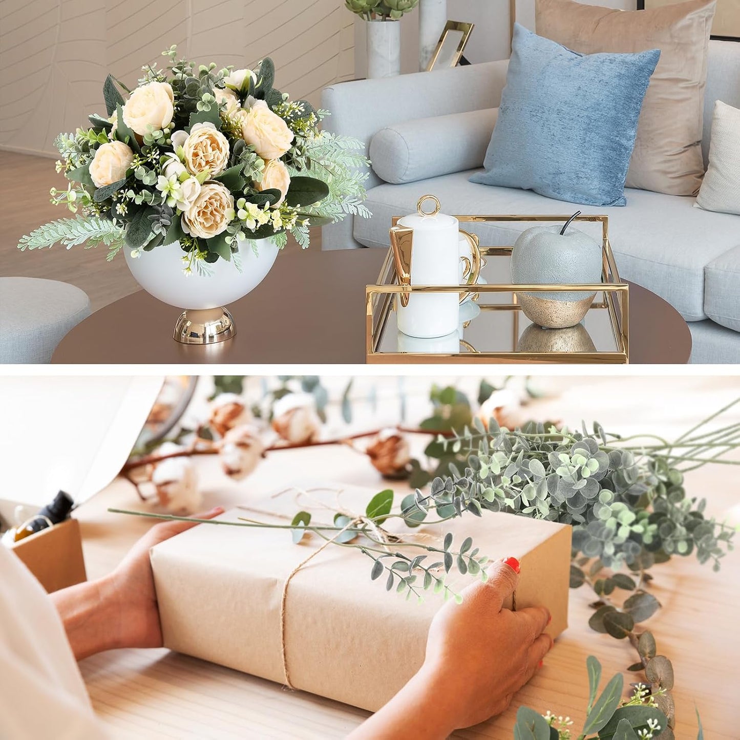 Mixed Eucalyptus Leaves Stems Bulk with White Seeds Artificial Silver Dollar Leaves Sprays Faux Oval for Wreath Garland Floral Bouquets Arrangement Wedding Greenery Decoration(60 Pcs)
