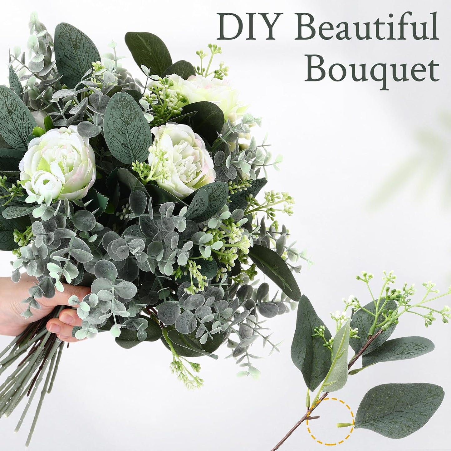 Mixed Eucalyptus Leaves Stems Bulk with White Seeds Artificial Silver Dollar Leaves Sprays Faux Oval for Wreath Garland Floral Bouquets Arrangement Wedding Greenery Decoration(60 Pcs)