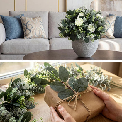 Mixed Eucalyptus Leaves Stems Bulk with White Seeds Artificial Silver Dollar Leaves Sprays Faux Oval for Wreath Garland Floral Bouquets Arrangement Wedding Greenery Decoration(60 Pcs)