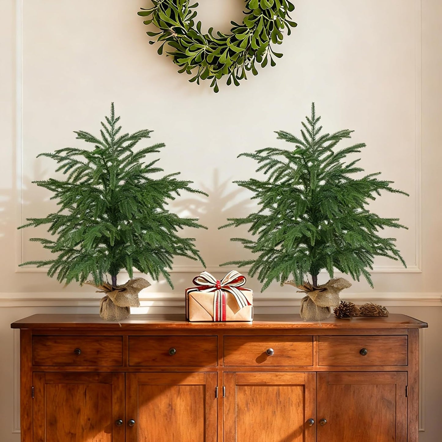 Grooy 2 Pack 3FT Artificial Norfolk Pine Tree with Pot - UV Protection Faux Tree Fake Plants with PE Branch for Indoor Outdoor Home Front Porch Christmas Decor